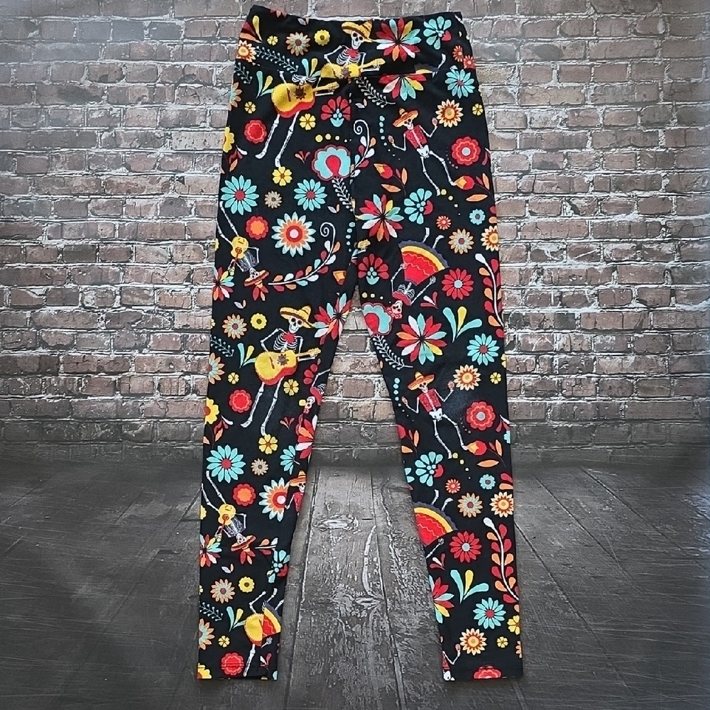 LuLaRoe Girls' Black Floral & Fiesta Print Leggings - Tween